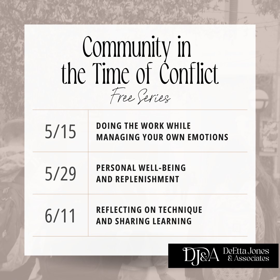 A reminder that beginning May 15, we are hosting a free 3-session series: Community in the Time of Conflict, a Zoom-based community gathering space for our colleagues in higher education.

Join us here: hubs.la/Q02x08WG0