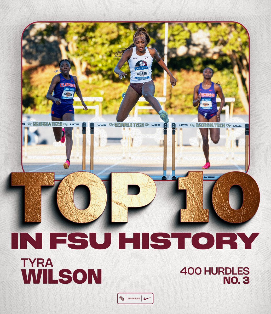 𝐒𝐡𝐞'𝐬 𝐛𝐮𝐢𝐥𝐭 𝐝𝐢𝐟𝐟𝐞𝐫𝐞𝐧𝐭! Tyra Wilson climbs to No.3 all-time in FSU history after boasting a career best in the 400 hurdles (56.30) at the ACC Championship! #OneTribe | #GoNoles