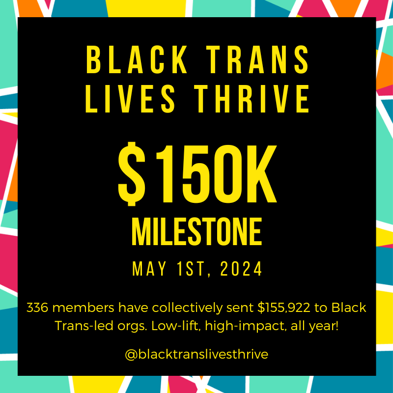 BlackTransGC's tweet photo. $150K SENT TO BLACK TRANS LEADERS! As of May 1 2024, 336 members have sent $155,922 to our grantee orgs! Low-lift, high-impact, all year! 🎉

More: https://t.co/8dNp33prE1 https://t.co/YXVCqrDqmt