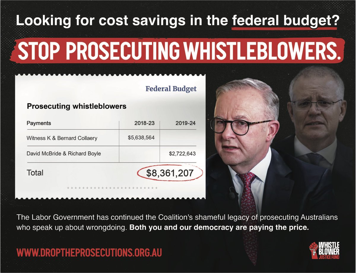 Hey @JEChalmers! Looking for costs savings in the federal budget? Tell @AlboMP and @MarkDreyfusKCMP to stop prosecuting whistleblowers! #Budget2024 #auspol