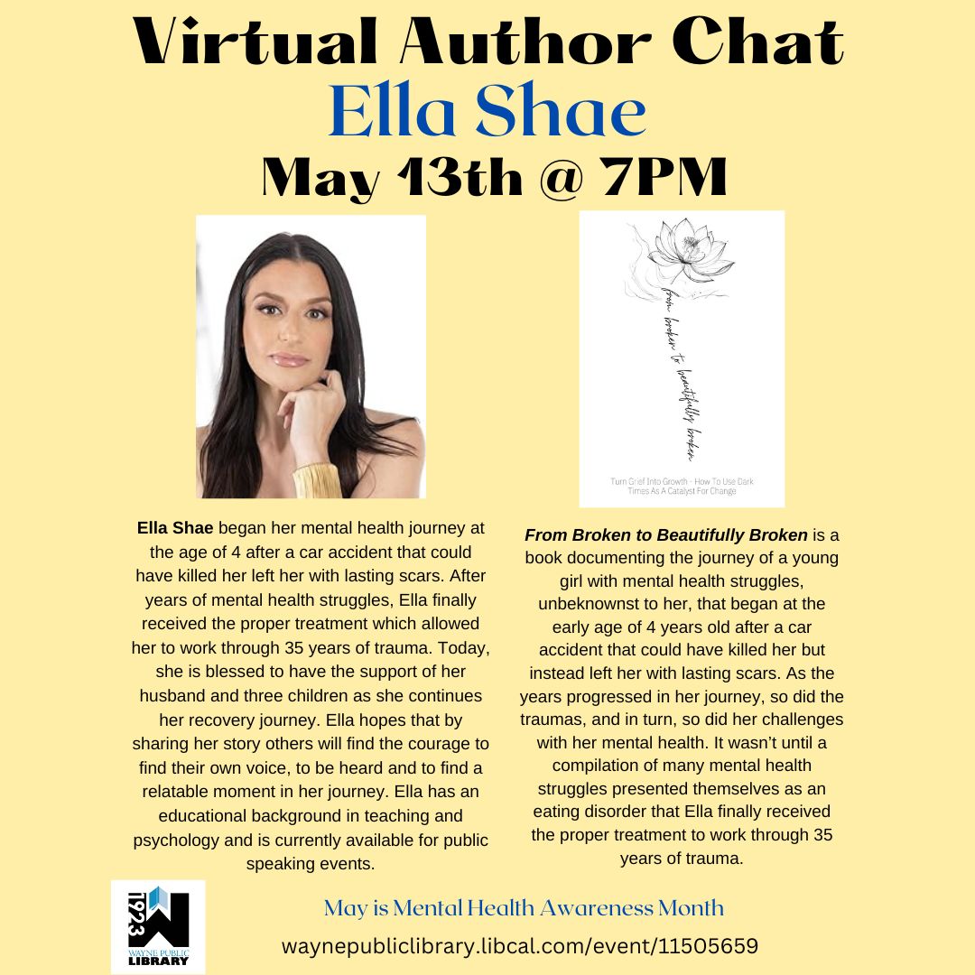 Tonight at 7PM chat with local author, Ella Shae. For more information and a link to the chat please visit - waynepubliclibrary.libcal.com/event/11505659