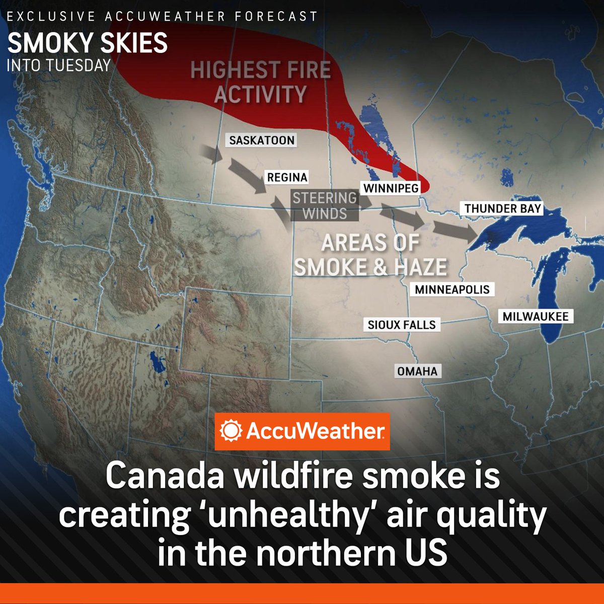 Smoke from Canadian wildfires is back and is spreading over part of the northern United States, including Minneapolis, and it could spread farther throughout the week. bit.ly/3UGNhDL