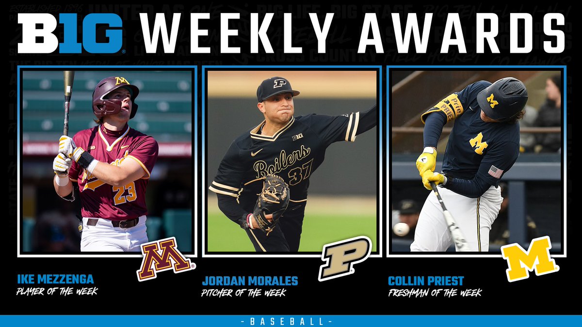 ⚾️ #B1GBaseball WEEKLY AWARDS ⚾️

🔵 Player: <a href="/GopherBaseball/">Minnesota Baseball</a> Ike Mezzenga
🔵 Pitcher: <a href="/PurdueBaseball/">Purdue Baseball</a> Jordan Morales
🔵 Freshman: <a href="/umichbaseball/">Michigan Baseball</a> Collin Priest

➕ bigten.org