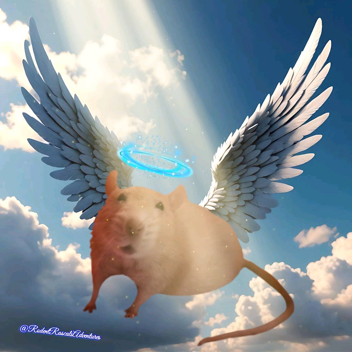 🐁🪽 #FlyHigh Mr. HoneyBun is living a beautiful afterlife in the sky 🌈 riding down rainbows and enjoying the company of many other Rat Angels... #fancyrat #petrat #ourangel #MondayThoughts #petloss #animalphotography #photooftheday ❤️🐹🐽🐀💻⬇️ #RodentRascalsAdventures