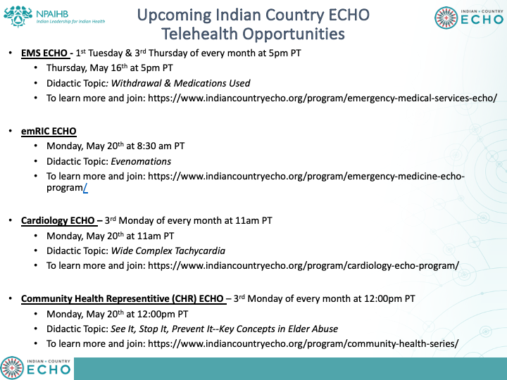 #IndianCountryECHO opportunities for the week. Interactive online learning environments where clinicians and staff serving AI/AN patients can connect with peers, and engage in didactic presentations.More info available at: indiancountryecho.org/events/month/. #NativeHealth #indigenoushealth