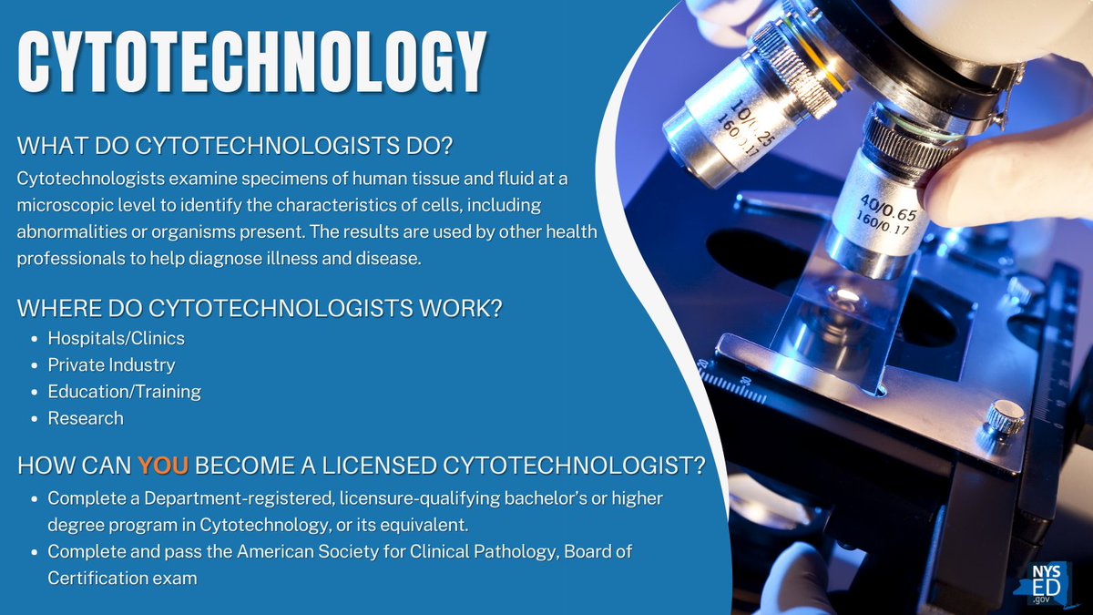 Are you interested in cellular pathology and microscopic analysis? Can you work independently with keen precision and observation skills? Cytotechnology may be the career for you! bit.ly/3BdVgyR #ProfessionProfile #CytoDay