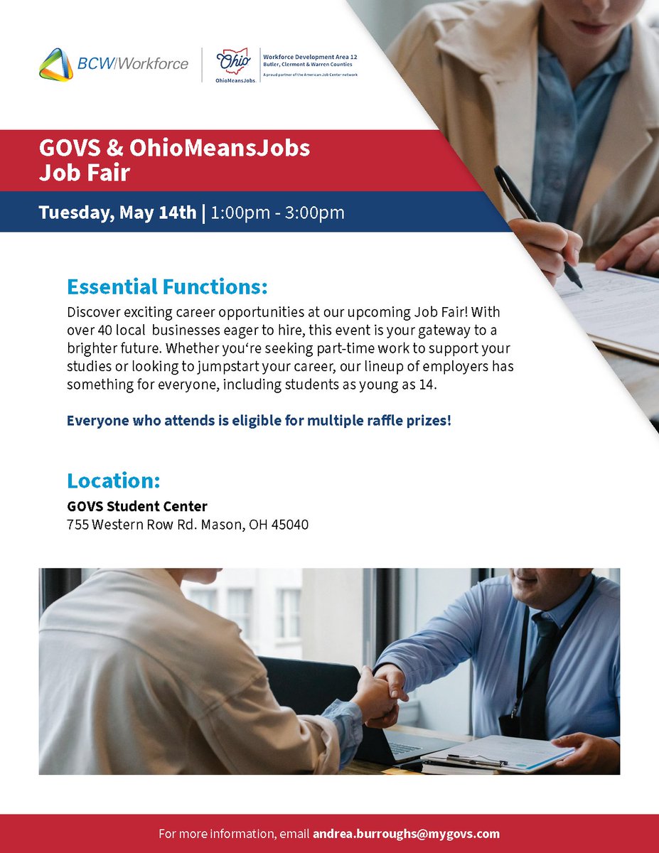 GOVS & OMJ Job Fair is tomorrow, May 14th from 1:00 pm - 3:00 pm! Discover new career opportunities with this great lineup of employers! For more information, email andrea.burroughs@mygovs.com #OhioMeansJobs #CareerOpportunity #JobFair #BrighterFuture