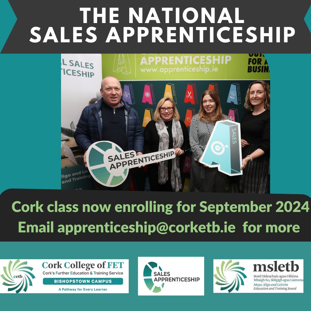 Did you know the #SalesApprenticeship is suitable for all sectors? A fantastic way to #Upskill and #Reskill new and existing staff now enrolling for the next #Cork class, Contact apprenticeship@corketb.ie for more @corketb @SOLASFET @msletb #GenerationApprenticeship