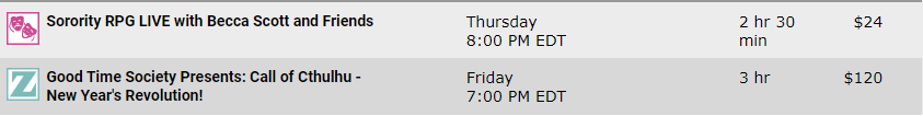 GENCON event time change! Sorority Live (formerly The Calyx) is now Thursday at 8:00pm EDT on the livestreaming stage! @goodtimesociety 💞💀🐦‍⬛