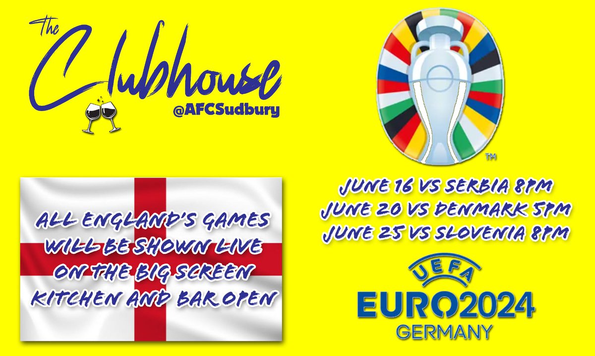 We're rolling out the big screen for all of England's fixtures in this Summer's Euro2024 tournament so join your fellow Yellows at the Club to cheer on England. June 16th vs Serbia - 8pm June 20th vs Denmark - 5pm June 25th vs Slovenia - 8pm Come on England Bar and Kitchen Open