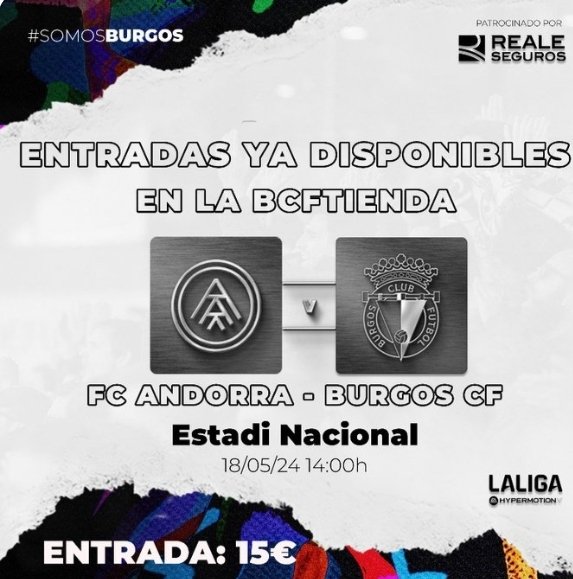 #LaaficiónBCF| Acompaña al @Burgos_CF en su partido 🆚 @fcandorra el sábado a las 14 h.

Entradas a 15 h en la #BCFTienda,

Plazo de venta hasta el jueves a las 19 h.
