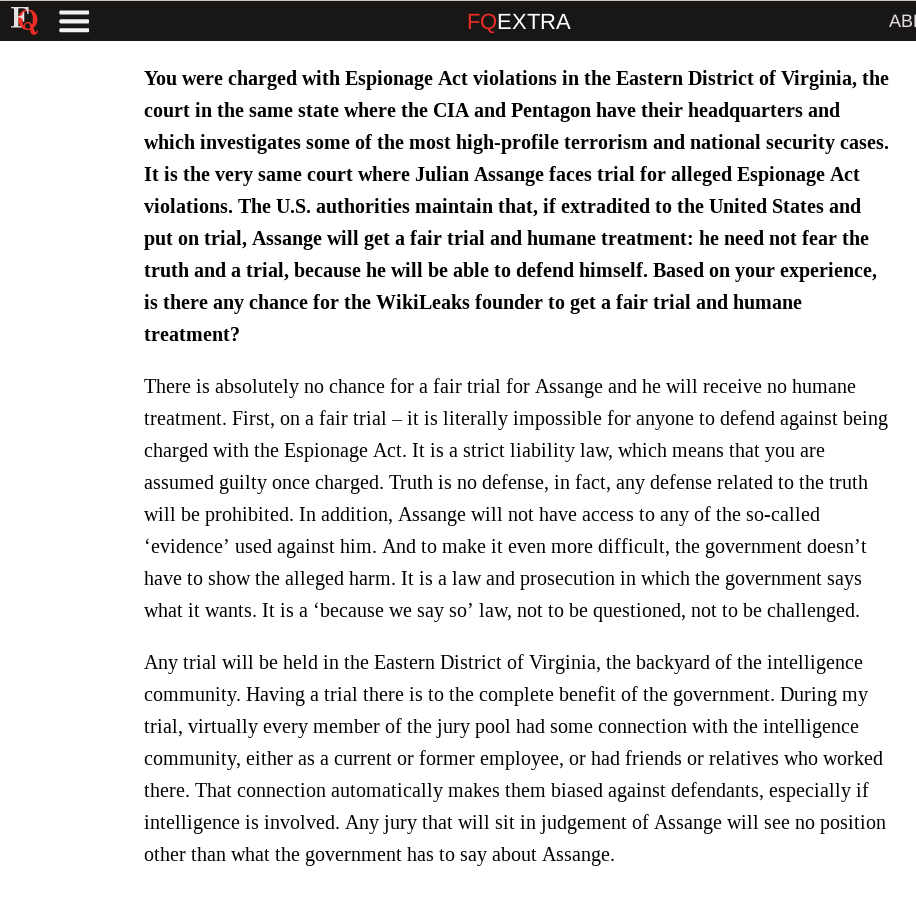 CIA whistleblower Jeffery Sterling on the possibility of Julian Assange receiving a fair trial if extradited to the US: 'Any defense related to the truth will be prohibited' Extradition decision: May 20 #FreeAssangeNOW Link: ilfattoquotidiano.it/in-edicola/art…