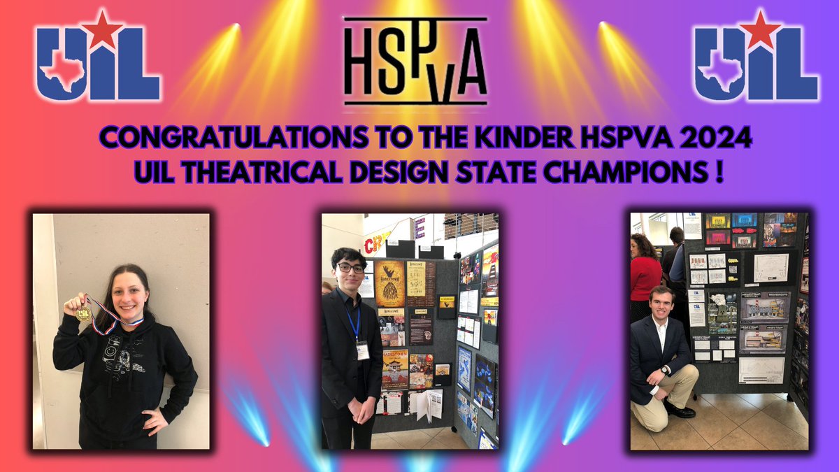 Congratulations to the 2024 Kinder HSPVA UIL Theatrical Design Champions! Josie Goldfarb--Costume Design Adrian Gomez--Marketing Robert Wise--Set Design @HoustonISD @HSPVA