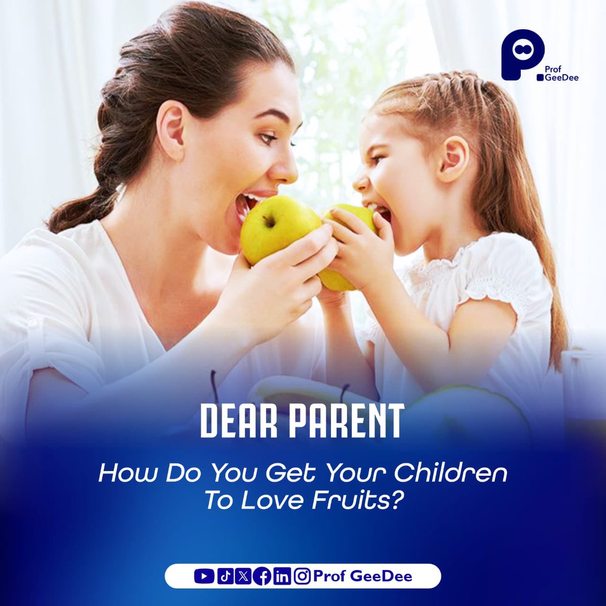 You can encourage your children to try different fruits and love them.
Some ways you can get your children to love fruits :

*Eat fruits regularly in their presence.
*Cut fruits into fun shapes.

#earlyyears
#earlylearning
#earlychildhooddevelopment
#dearparentseries
#profgeedee