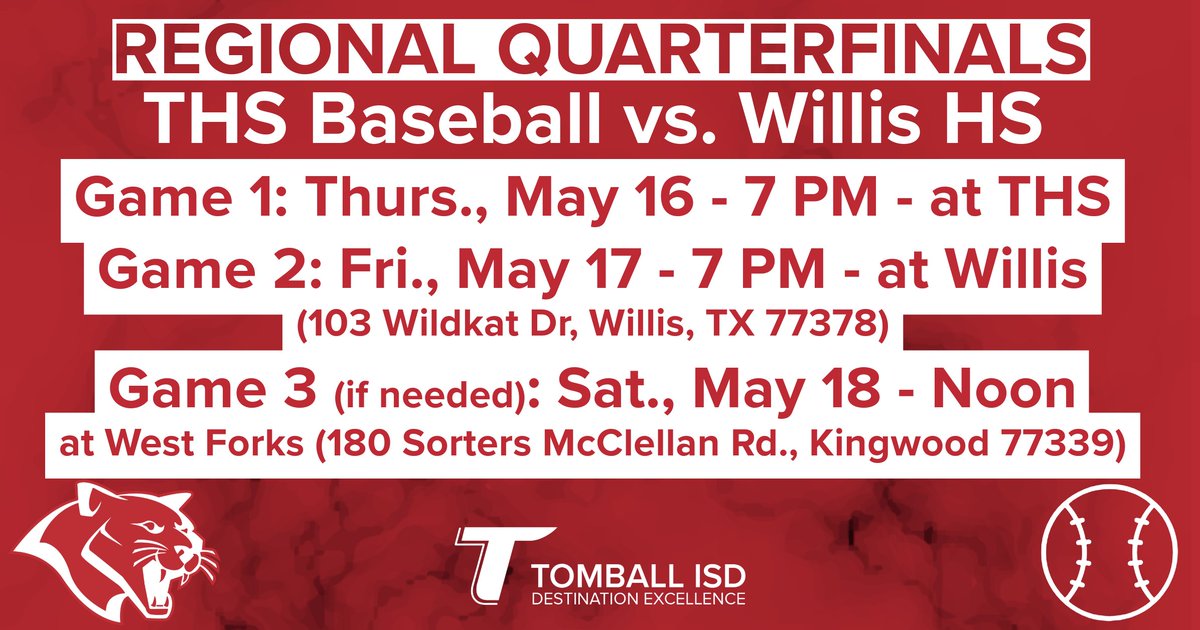 Congratulations again to @tomball_bsball for advancing to the Regional Quarterfinals. #DestinationExcellence Need tickets to Thursday's home game? events.ticketspicket.com/agency/136e181…