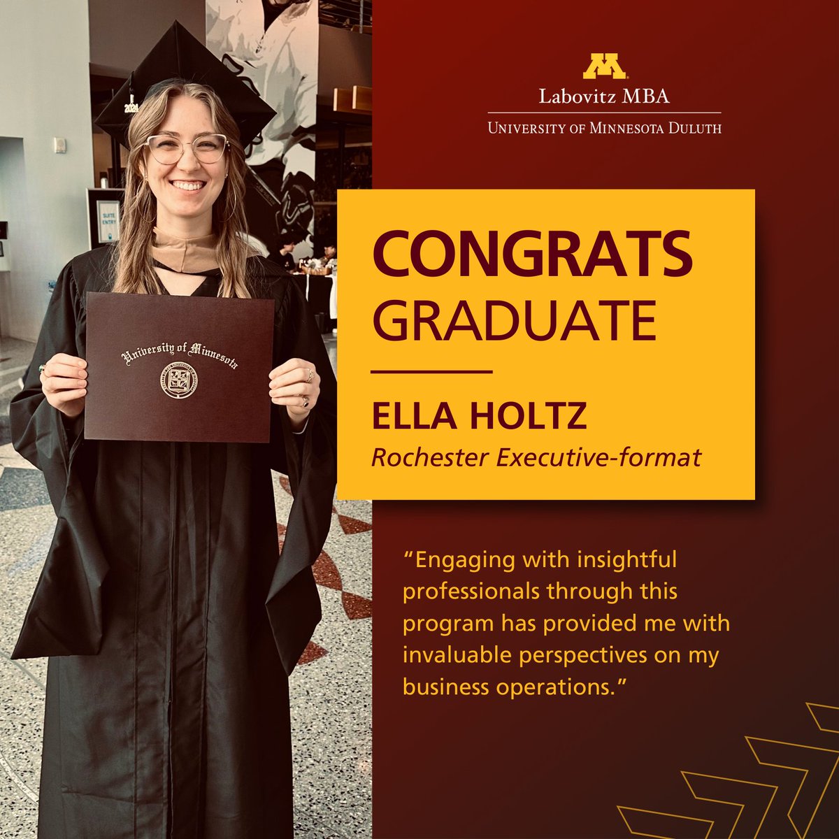 LabovitzMBA's tweet image. Ella is a 2024 graduate of the Labovitz MBA Rochester Executive-format MBA. She is self-employed as an Electrologist, managing her business with a partner at Body Solutions in Rochester, MN.

Congratulations, Ella!

#UMN #UMNProud #RochMN #AACSB