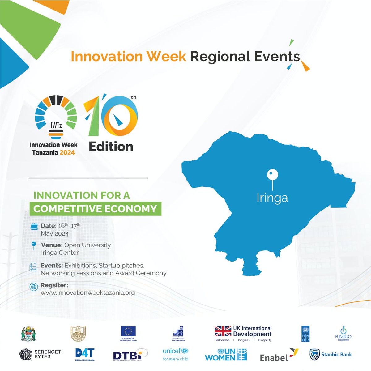 Iringa! Innovation Week Tanzania 2024 will be taking place in Iringa from the 16th to the 17th of May 2024, at the Open University in Iringa Center! Make sure you attend the exhibitions, startup pitches, networking sessions and award ceremony! This is one not miss! #IWTz2024