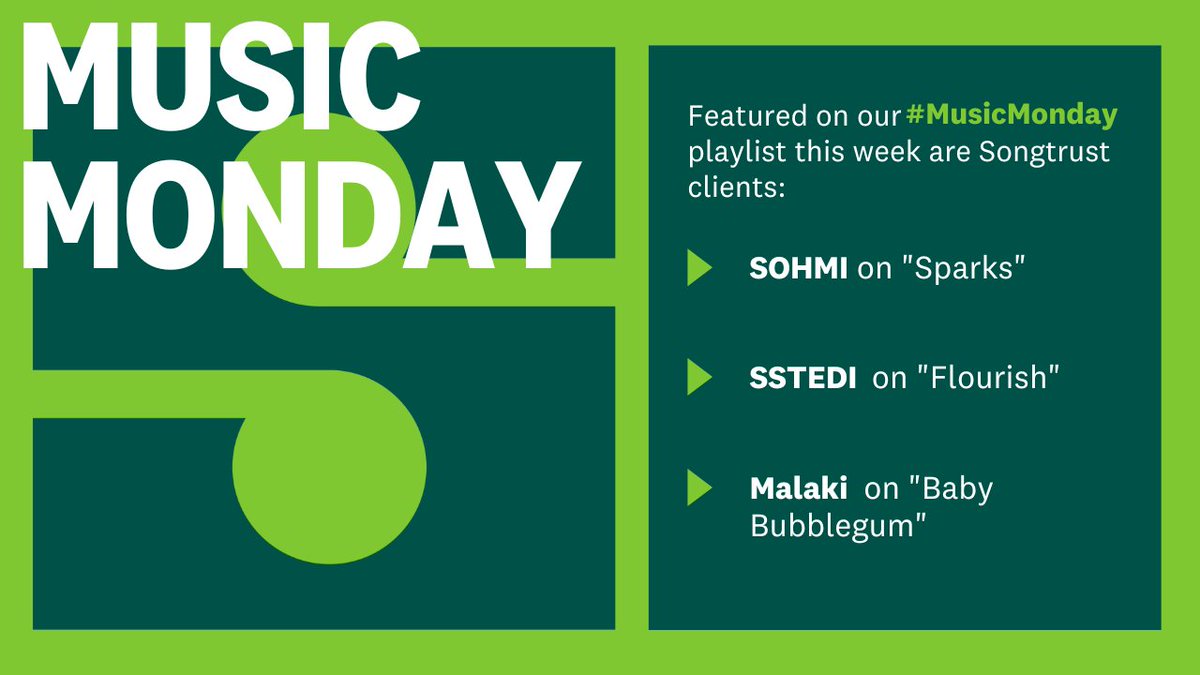 What’s your Monday morning ritual? 🎧 Let our #MusicMonday playlist be a part of it, featuring new song additions by Songtrust clients <a href="/SOHMI_/">SOHMI</a> on "Sparks," <a href="/SSTEDI/">SSTEDI 🦋</a> on "Flourish," and <a href="/malaki_dublin/">Malaki</a> on "Baby Bubblegum." songtr.st/3UEsT6m