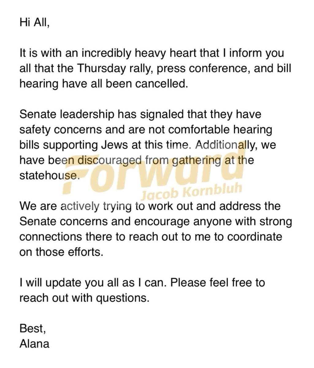 SCOOP: NJ Senate cancels hearing on bill that’d codify the International Holocaust Remembrance Alliance definition of antisemitism — which classifies most anti-Zionism as antisemitic — because they can’t guarantee the protection of Jews at statehouse. Internal federation email⬇️