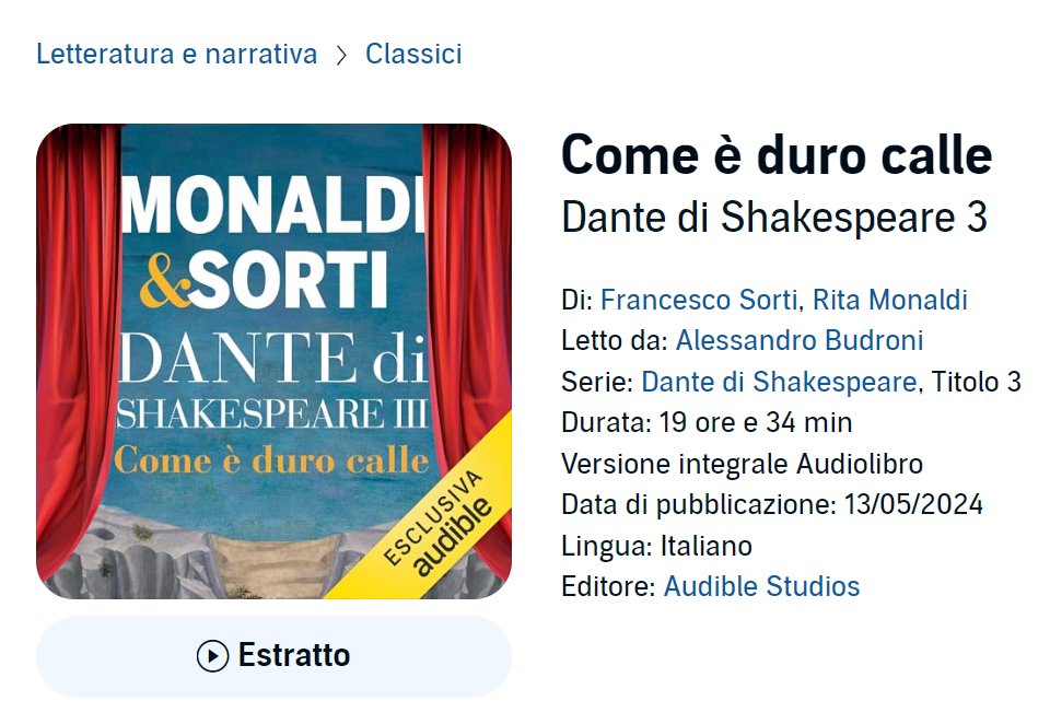 Audiolibro uscito oggi #13maggio e ho intanto ascoltato l'estratto @AudibleIt In quei dieci minuti ho assaggiato il teatro di Shakespeare e Dante che mi aspetterà da stanotte per mille e una notte. @MonaldieSorti @solferinolibri