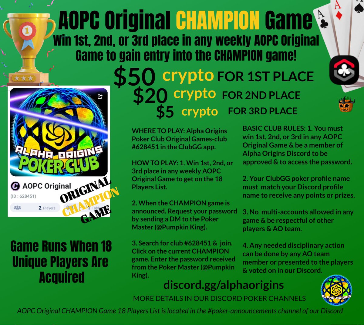 🃏 Join us tonight at 8PM ET for the AOPC Original Game! ♠️♦️ The top three winners will earn a seat at the prestigious AOPC Champions Game! 🏆 Don't miss out on your chance to compete and claim victory. See you at the tables!♣️♥️💥 #AOPC #PokerNight #Poker #Games #Cards