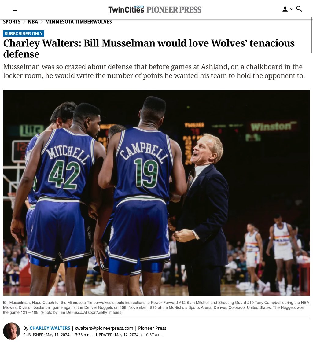 “Former @Timberwolves coach Bill Musselman was so crazed about defense that before games as a college coach at @AshlandCollege, on a chalkboard in the locker room, he would write the number of points he wanted his team to hold the opponent to.”