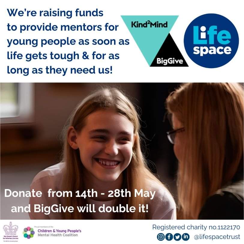 This #MentalHealthAwarenessWeek2024 we're taking part in @BigGive's #Kind2Mind campaign. From noon on Tue 14 til noon on Tue 28 May your donations will be DOUBLED!! Support us here >> donate.biggive.org/campaign/a0569… #youth #mentoring #charity #warwickshire #volunteer #wellbeing