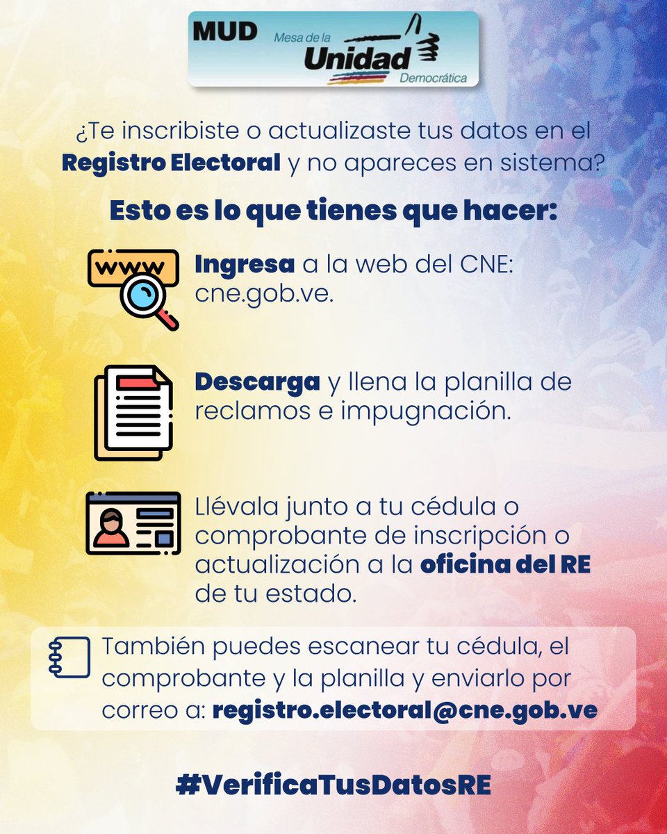 ¡Importante!⚠️ Verifica tu información y asegúrate de estar listo para ejercer tu derecho al voto este #28Julio. Hasta mañana #14Mayo se pueden realizar las impugnaciones ante el Registro Electoral Permanente. #EleccionesLibresVzla @PJ_EdoMiranda @ActivismoPJ @Pr1meroJusticia