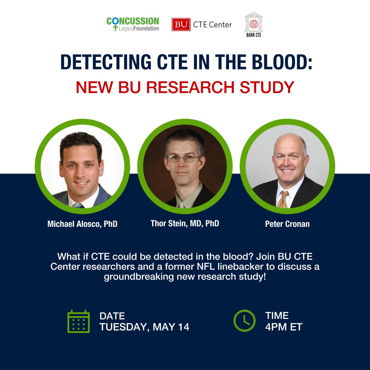Join CLF and @bu_cte Tuesday afternoon as we launch BANK CTE, a groundbreaking study aiming to detect CTE through blood biomarkers. Register for our webinar hosted by CLF CEO @ChrisNowinski1, 'Detecting CTE in the Blood' us02web.zoom.us/webinar/regist…