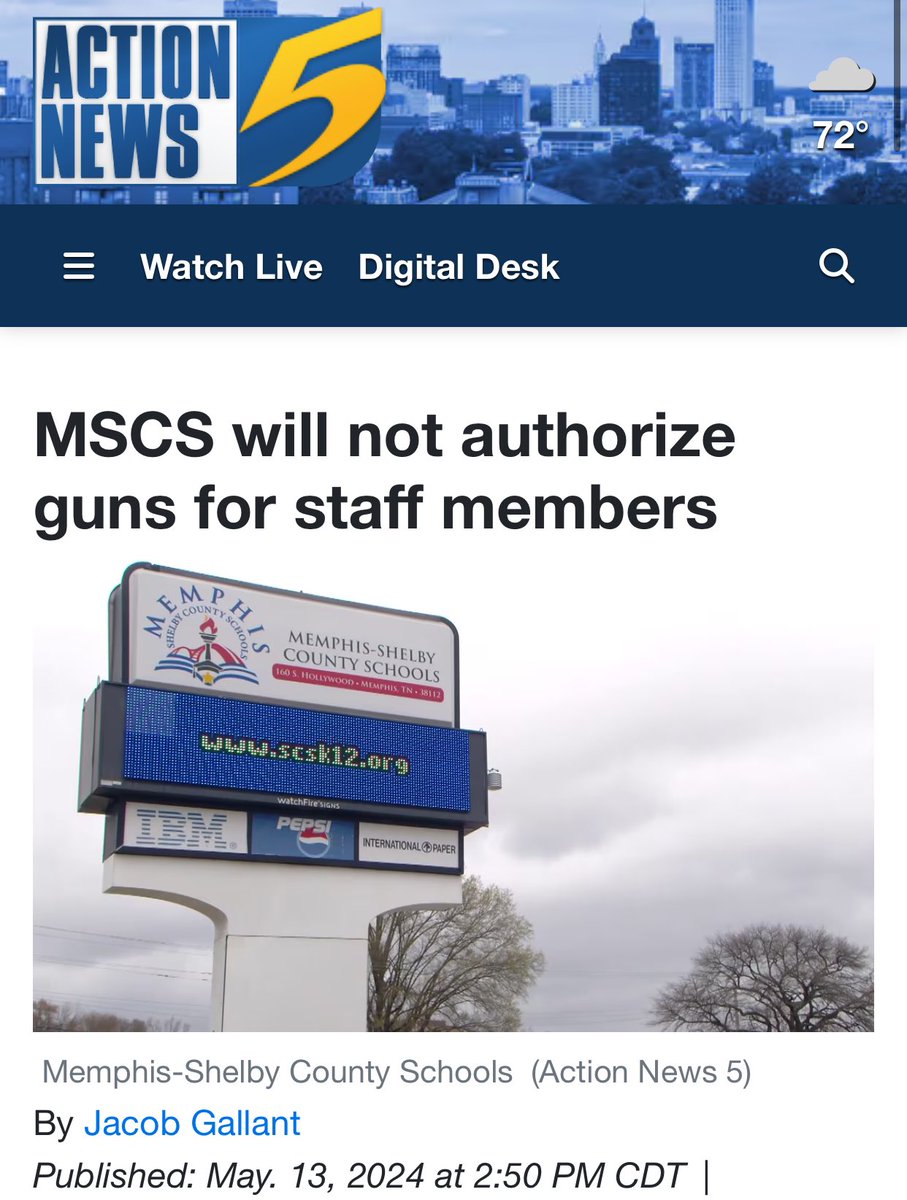 MEMPHIS: “Memphis-Shelby County Schools Superintendent Marie Feagins says the district will not authorize staff members to carry guns… in the wake of @GovBillLee signing a bill allowing teachers and other staff members to carry weapons.” actionnews5.com/2024/05/13/msc…