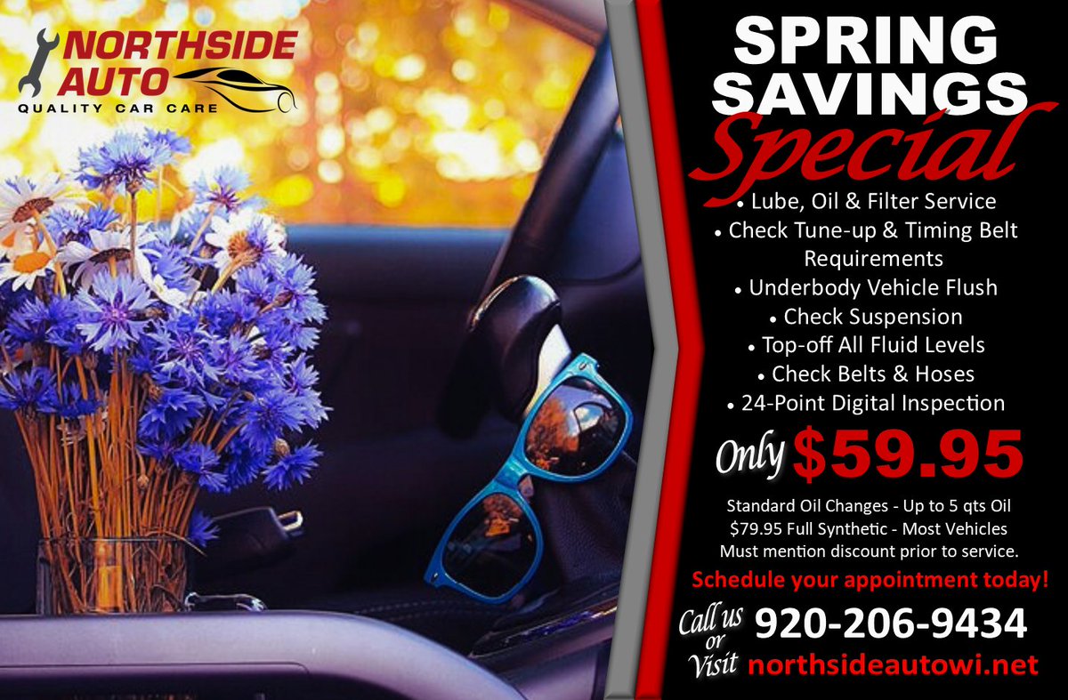 Stop in for our Spring Special, and we'll include an underbody flush to wash away any leftover road salt! 😎 Call 920.206.9434 or book your appointment online today at northsideautowi.net #NorthsideAuto #AutoRepair #AutoMaintenance #SpringSpecial #Savings #SpecialOffer