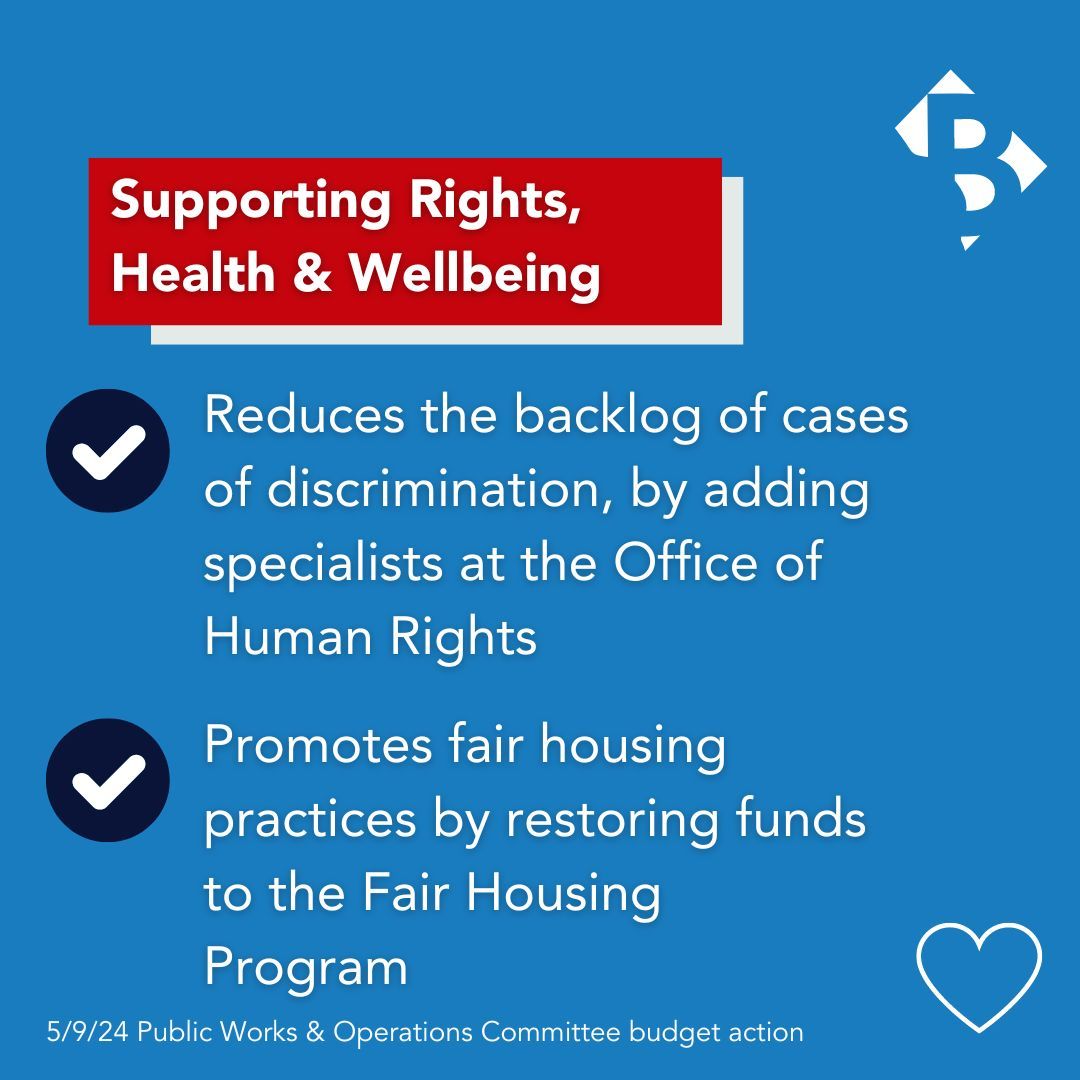 BUDGET UPDATE: Our budget reduces the backlog of cases of discrimination by adding specialists at the Office of Human Rights and promotes fair housing practices by restoring funds to the Fair Housing Program.