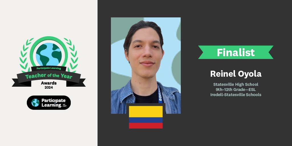 Meet Reinel O., our last but definitely not least finalist for the Participate Learning #TeacherOfTheYear awards! 🏆 As an ESL Teacher at @StatesvilleHigh, Reinel is making waves in embracing #GlobalEd and fostering connections in his classroom. 🇨🇴🌍✨ #UnitingOurWorld