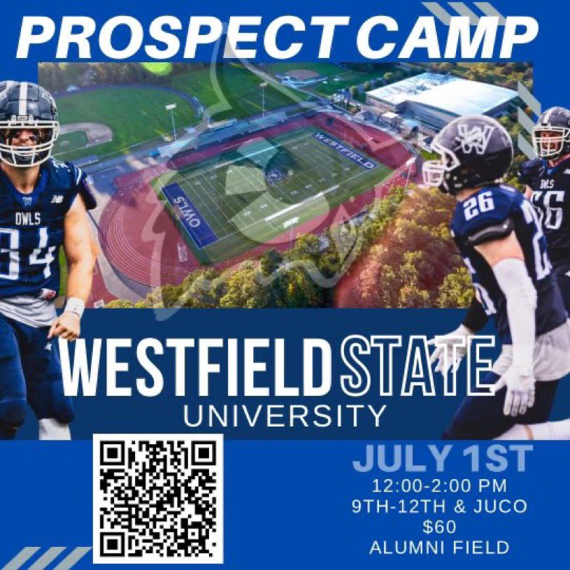 I’ll be at westfield state university July 1st thank you @CoachKMelanson for the camp invite can’t wait to compete 💙⚪️@WSUOwlsFootball