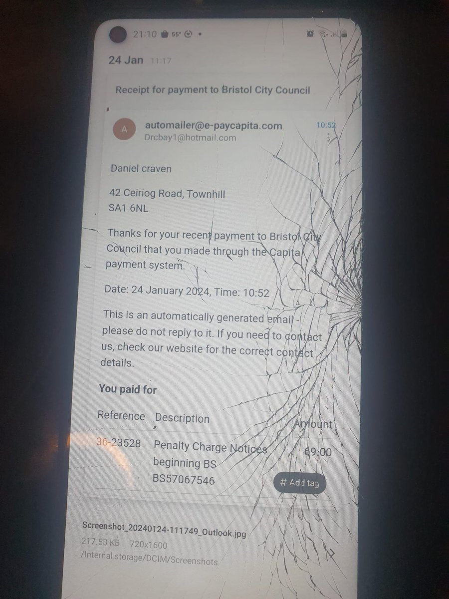 danc80's tweet photo. @BristolCouncil hi guys I've tried getting in touch numerous times by phone without out getting through after receiving letters stating I owe for a parking charge which has been paid was still getting demands for payments as you can see I'd payed it https://t.co/cThzxRvdHz