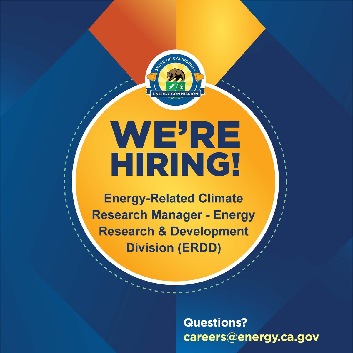 ⚡#CalEnergy is hiring an Energy-Related Climate Research Manager for the Sustainability & Health Unit within the Energy Research & Development Division (ERDD). 🌳This position will evaluate climate-related risks to the energy sector. 📅Apply by 6/6: bit.ly/3USBMur