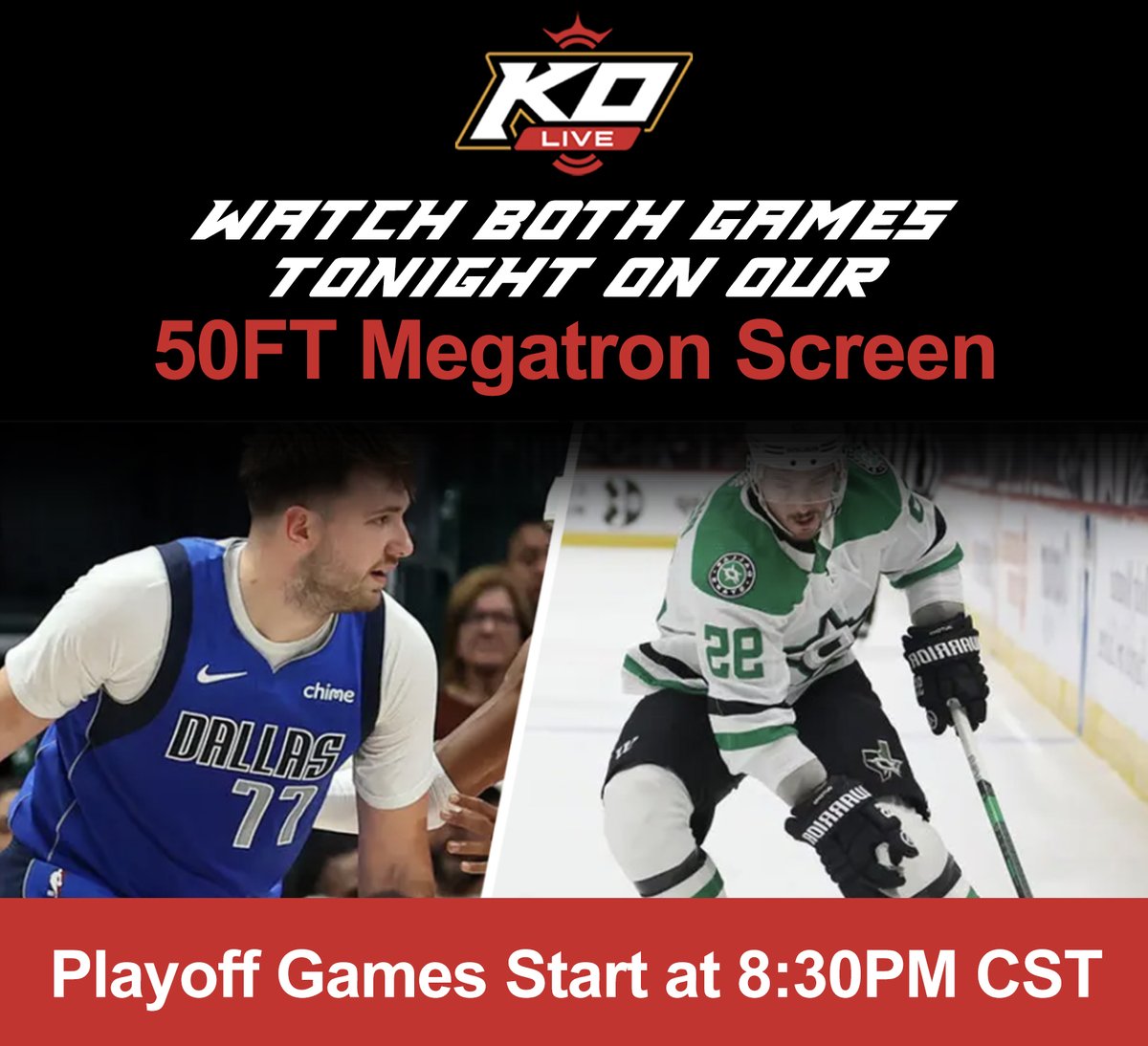 KOLiveDFW's tweet image. Hey friends! Who's ready for an epic night of playoff games? Join us for the ultimate viewing experience on our 50 FOOT MEGATRON SCREEN. Cold beer, delicious burgers, and good company - what more could you ask for? 🍔🍺🏈   
ko-live.com  
#playoffs #bigscreenfun