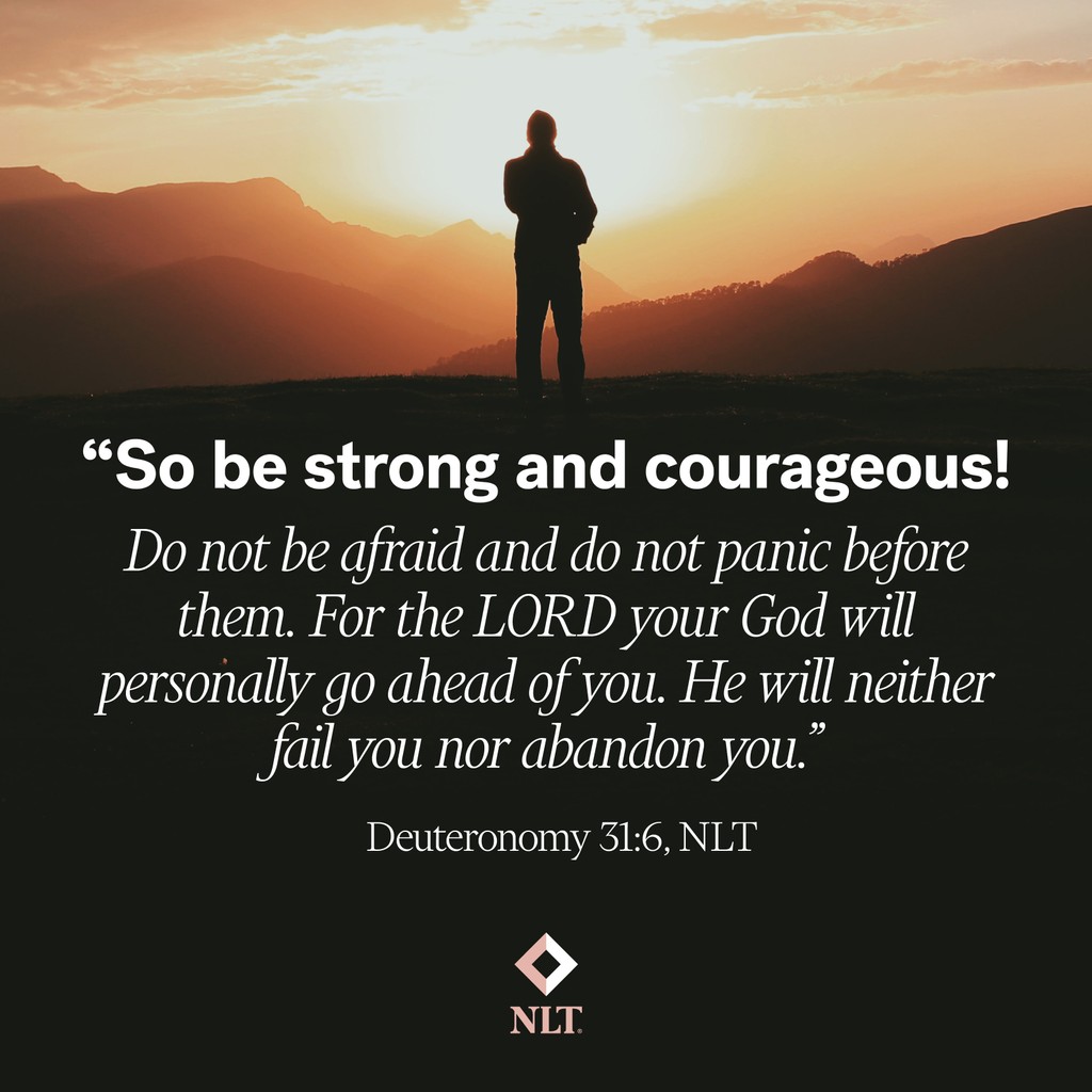 'So be strong and courageous! Do not be afraid and do not panic before them. For the Lord your God will personally go ahead of you. He will neither fail you nor abandon you.” Deuteronomy 31:6, NLT

#NewLivingTranslation #NLTBible #Bibleverse #Bibleverses #Biblestory