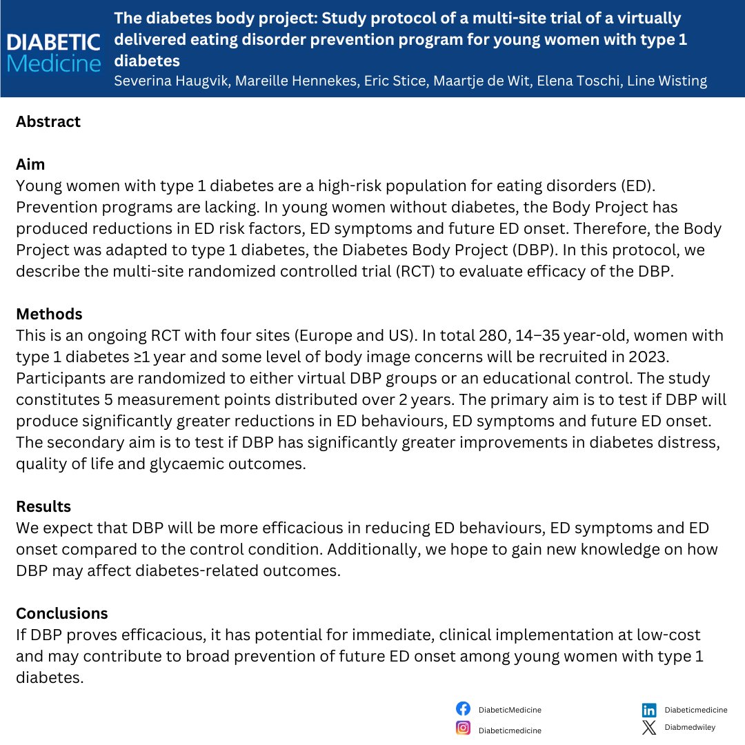 Young #women with #T1diabetes are at a higher risk for developing #eatingdisorder compared to peers without type 1 #diabetes. This #openaccess article is on #Bodyproject, an intervention programme aimed at preventing eating disorders in this population. doi.org/10.1111/dme.15…