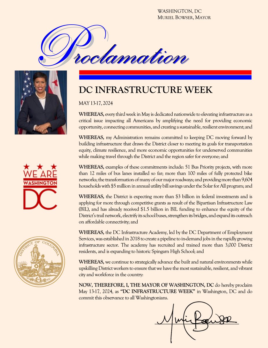 We're proud that DC is a leader in sustainable, connected, and resilient infrastructure, and during DC Infrastructure Week, we're celebrating all the teams who make that happen. Let's continue to work toward our infrastructure goals while advancing our natural and built