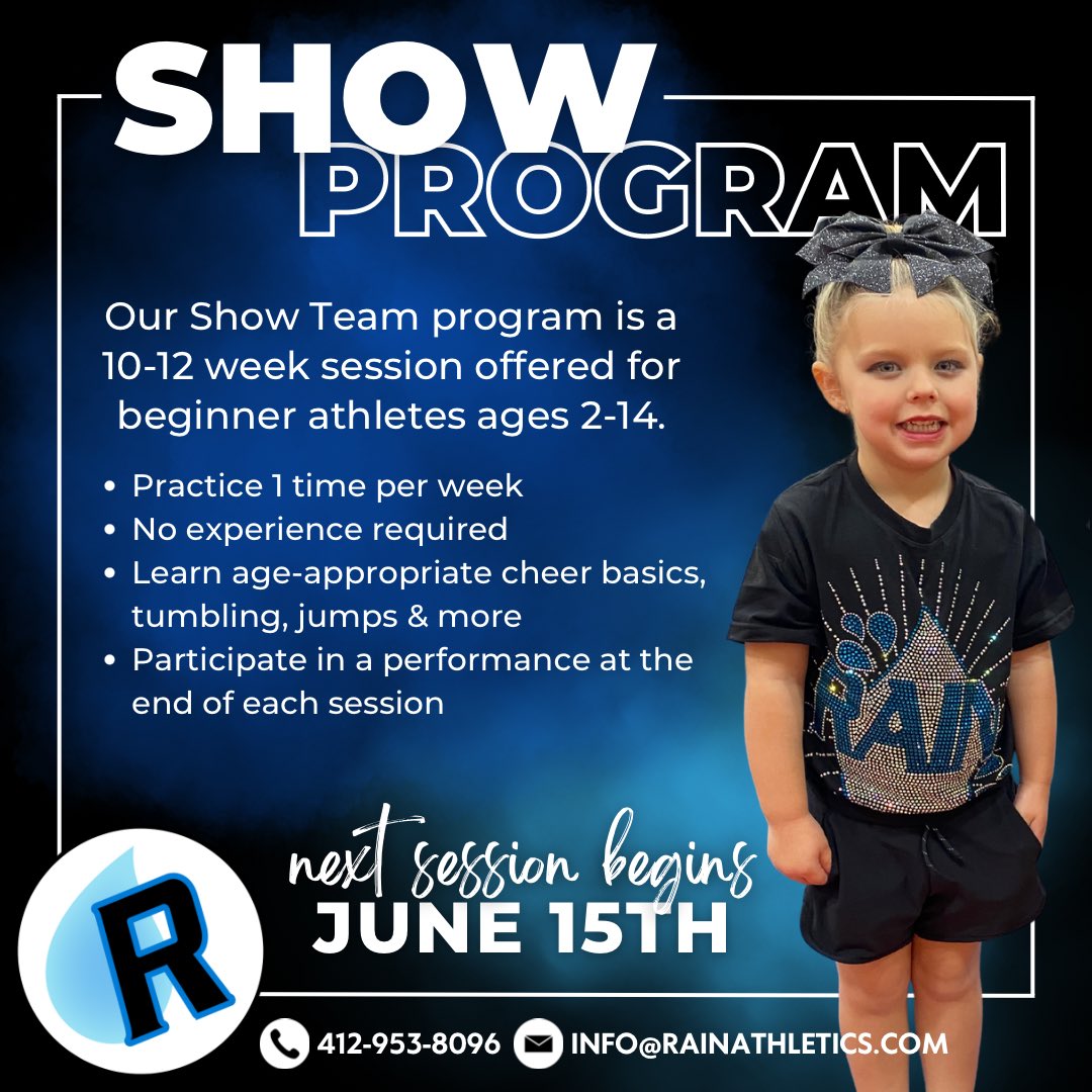 Are you 🫵 looking to get your athlete started in cheer? Check out our 𝐒𝐇𝐎𝐖 𝐓𝐄𝐀𝐌 program - a perfect fit for beginner athletes ages 2-14. Visit ➡️ rainathletics.com/showteam to 𝐫𝐞𝐠𝐢𝐬𝐭𝐞𝐫 𝐭𝐨𝐝𝐚𝐲 for the summer session beginning June 15th.
