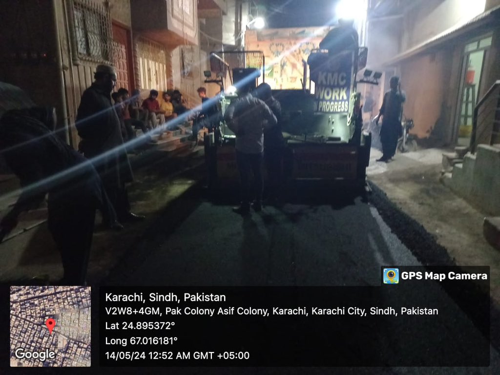 Karachi Metropolitan Corporation works round the clock. Asphalt carpeting work is carried out at Asifabad Asif Pak Colony Site Zone District Kemari.
