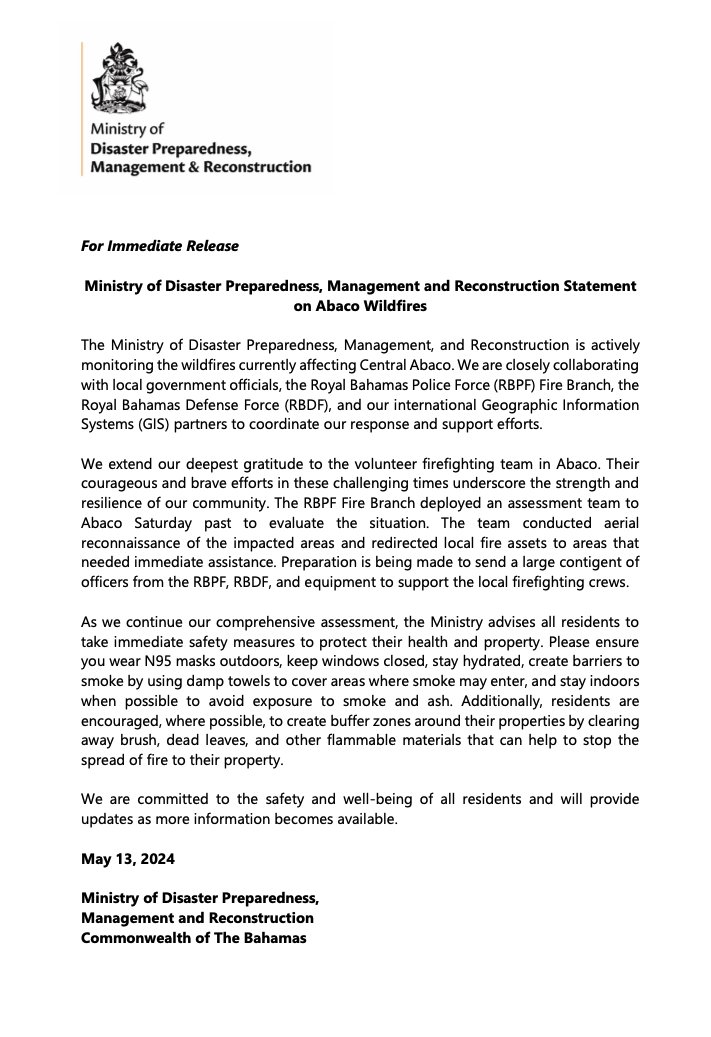 242dra's tweet photo. Ministry of Disaster Preparedness, Management and Reconstruction Statement on Abaco Wildfires
 #DisasterPreparedness #ManagementAndReconstruction https://t.co/PoM0m3Kubf