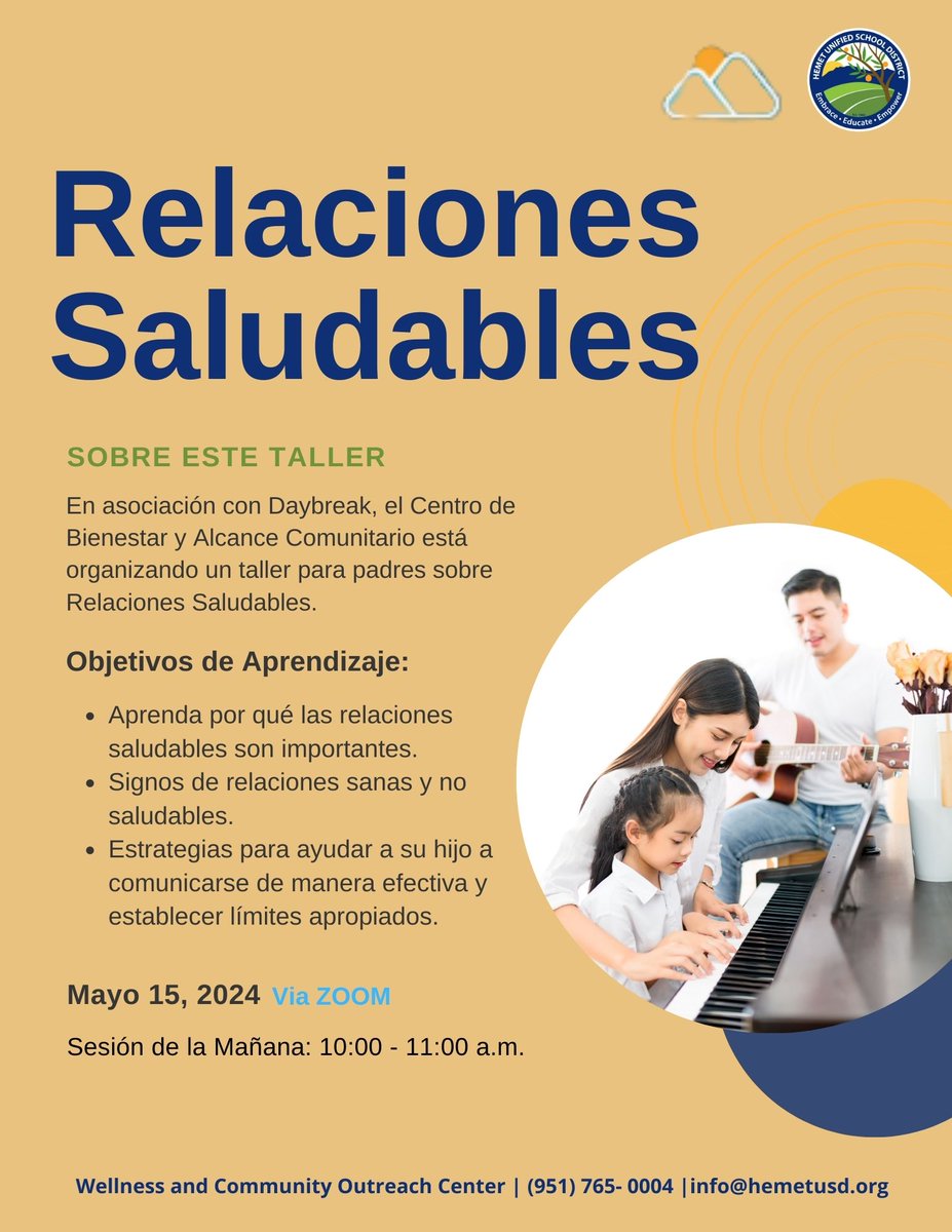 In partnership with Daybreak, the Wellness and Community Outreach Center is hosting a parent workshop webinar on the topic, Healthy Relationships. Wednesday 5/15 @ 10-11AM. Register: google.com/url?q=https://…