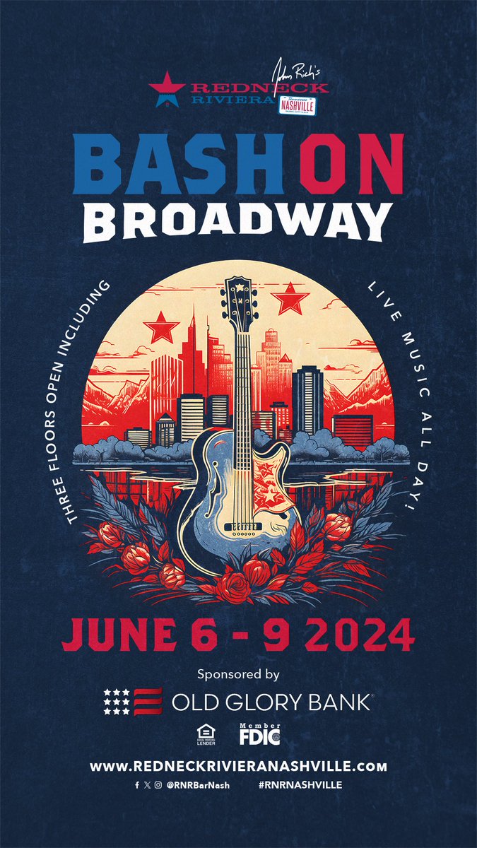 “Bash on Broadway” hitting soon at the Redneck Riviera Nashville! Get ready for 3 days of nonstop music with very special guests, cold drinks, great views and open to close good times!!! 🤠🎶🎉🇺🇸 redneckrivieranashville.com Brought to you by @oldglorybank #rnrnashville #honkytonk