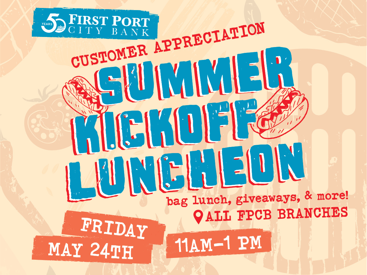 Get ready to begin summer in style at our Summer Kickoff Luncheon! Join us on May 24th at any of our branches for a day of appreciation for our customers. Enjoy a bag lunch, exciting giveaways, and fun in the sun!  #SummerKickoff #PuttingPeopleFirst #CommunityBankDifference