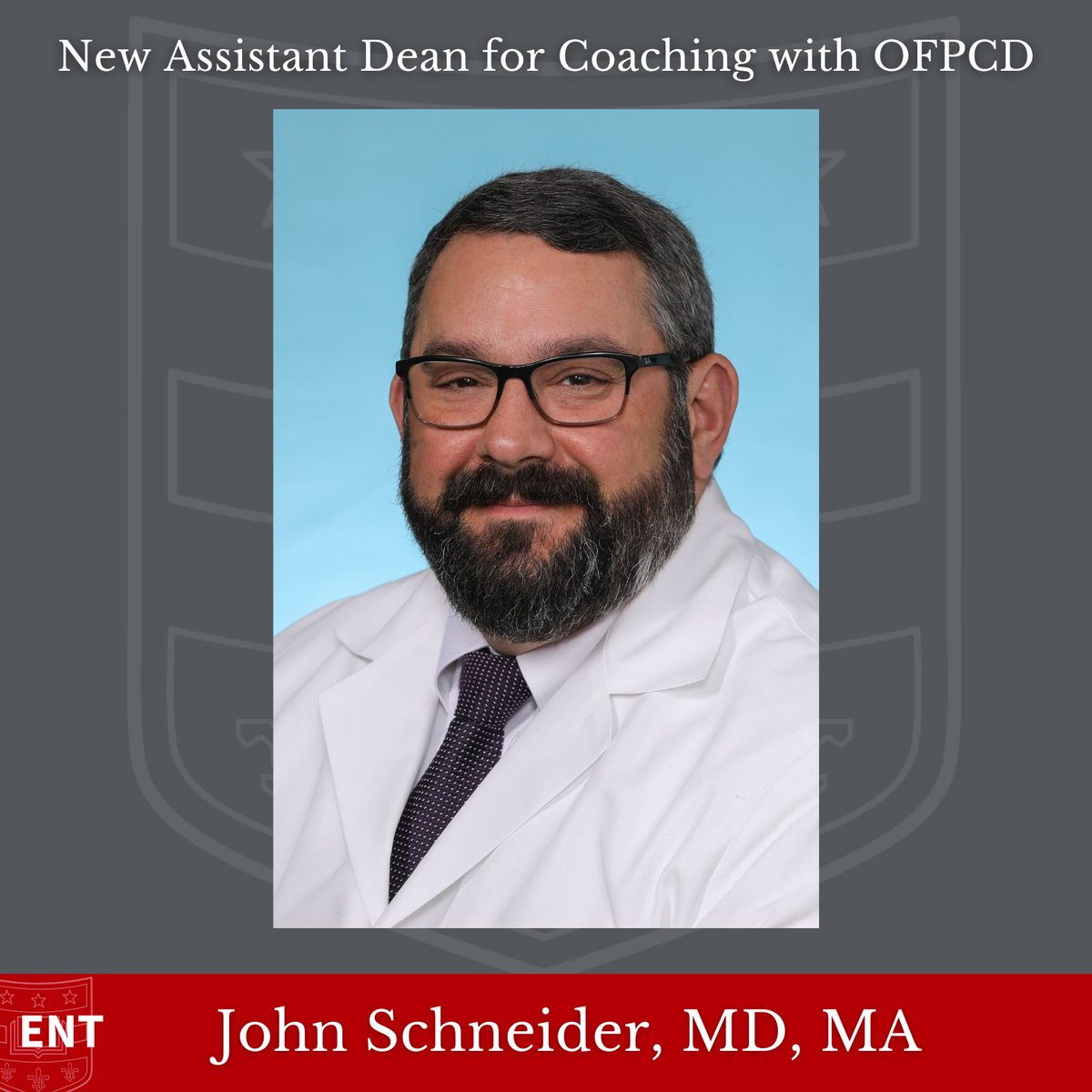 Please join us in congratulating John Schneider, MD, MA, Division Chief of Rhinology and Anterior Skull Base Surgery, who will assume the role of Assistant Dean for Coaching with the Office of Faculty Promotions & Career Development (OFPCD) as of July 1, 2024.