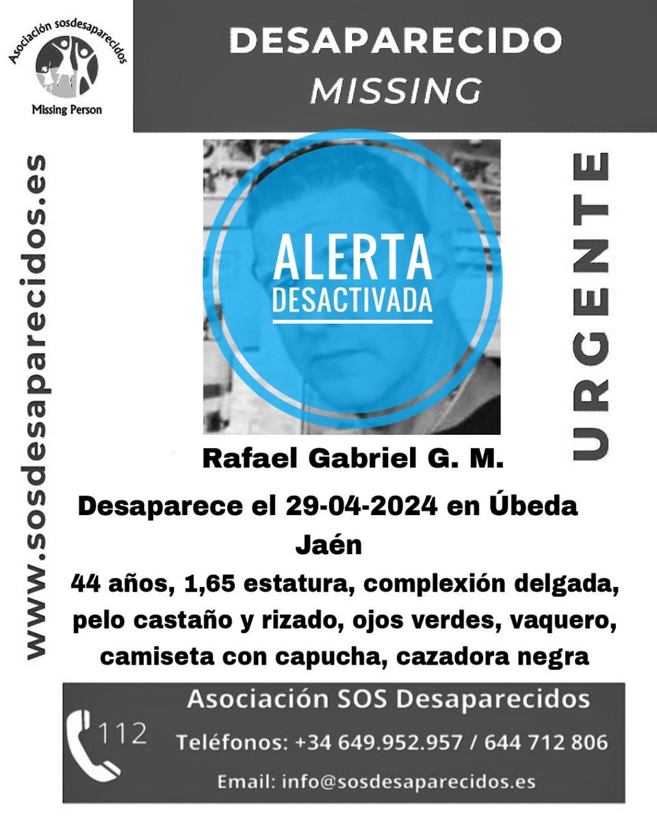 🔕 DESACTIVADA 
#desaparecido #sosdesaparecidos #Missing #España #Úbeda #Jaén
Síguenos @sosdesaparecido