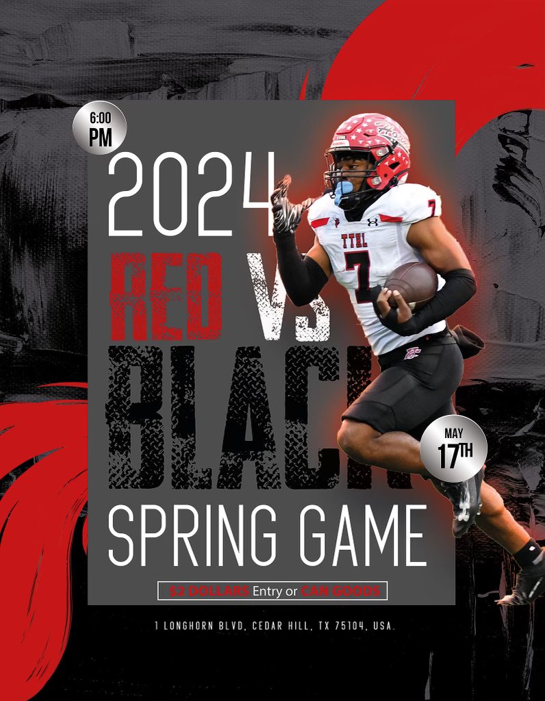 Are you ready for some football? Varsity Spring Game 5.17.24 6pm @ Longhorn Stadium - Entry $2 or can food item per person. Gates open at 5:15pm - See you there #TTHL @geraldhudson @RecruitTheHill1 @TheHillTTHLFB @cedarhillisd @Catch_6 @RedArmyBandCHHS @PrincipalJoffre