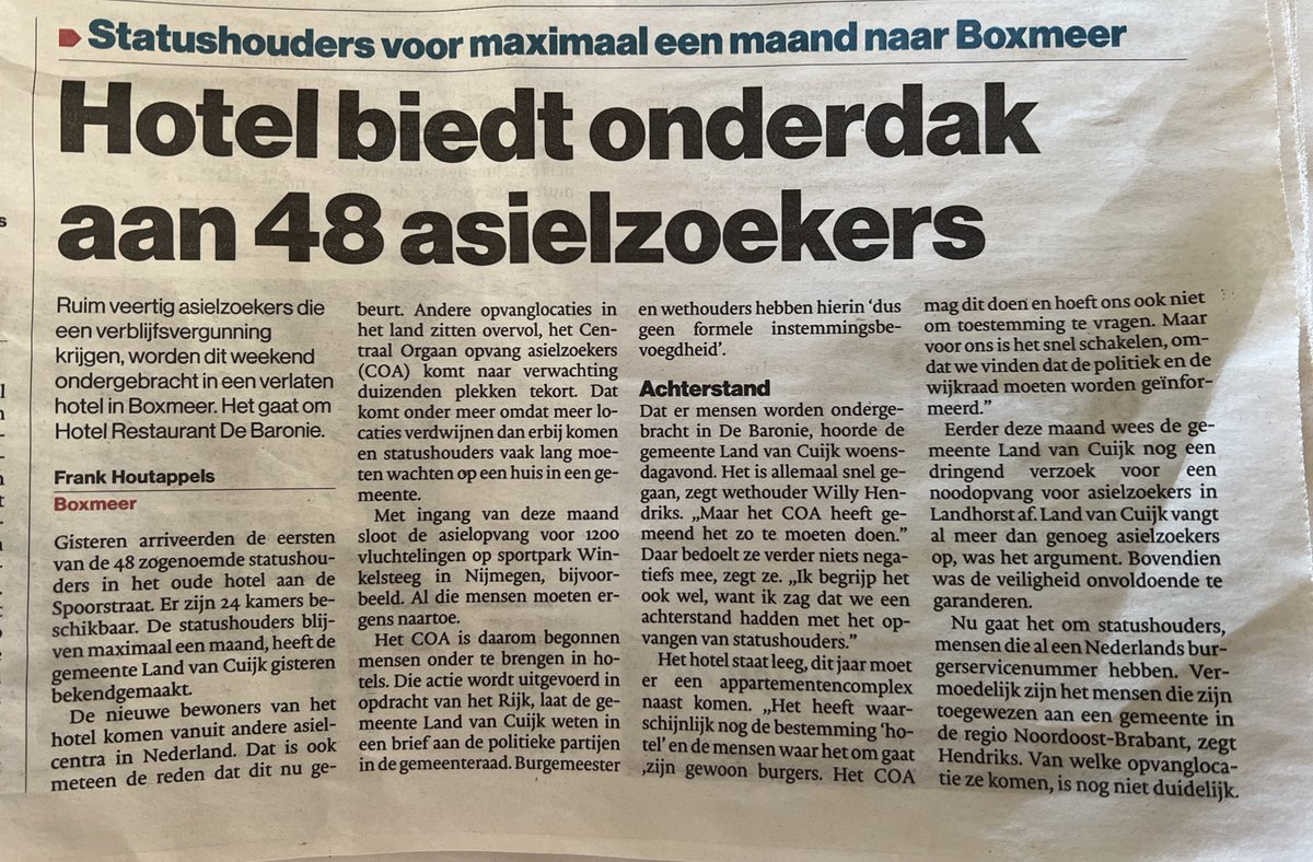 Voormalig restaurant+hotel ‘De Baronie’ in Boxmeer neemt 48 statushouders op. Intentie was om een zorghotel voor ouderen te beginnen. Uiteindelijk neemt @COAnl de regie en plaatst statushouders boven de ouderenzorg in @gemeente_LvC. Officieel voor 6 maanden. Buurt is niet blij.